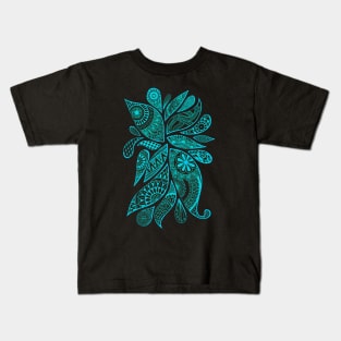 Abstract Zentangle Swirls Design (light blue on black) Kids T-Shirt